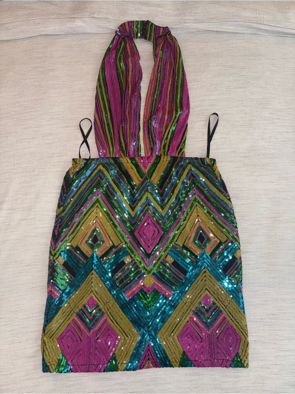 Fashion Nova Multicolor Sequin Halter Mini Dress - Pink, Green, Teal, Gold